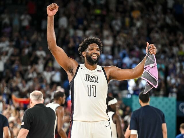 Joel Embiid of USA gestures, cheer during the Men's Basketball semi-final match between USA and Serbia on Day 13 of the Olympic Games Paris 2024 at Bercy Arena on August 8, 2024 in Paris, France.