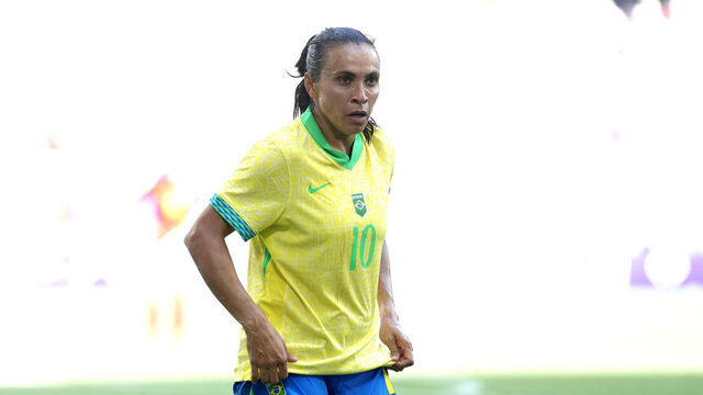 BORDEAUX, FRANCE - JULY 31: Marta #10 of Team Brazil reacts during the Women's group C match between Brazil and Spain during the Olympic Games Paris 2024 at Nouveau Stade de Bordeaux on July 31, 2024 in Bordeaux, France.