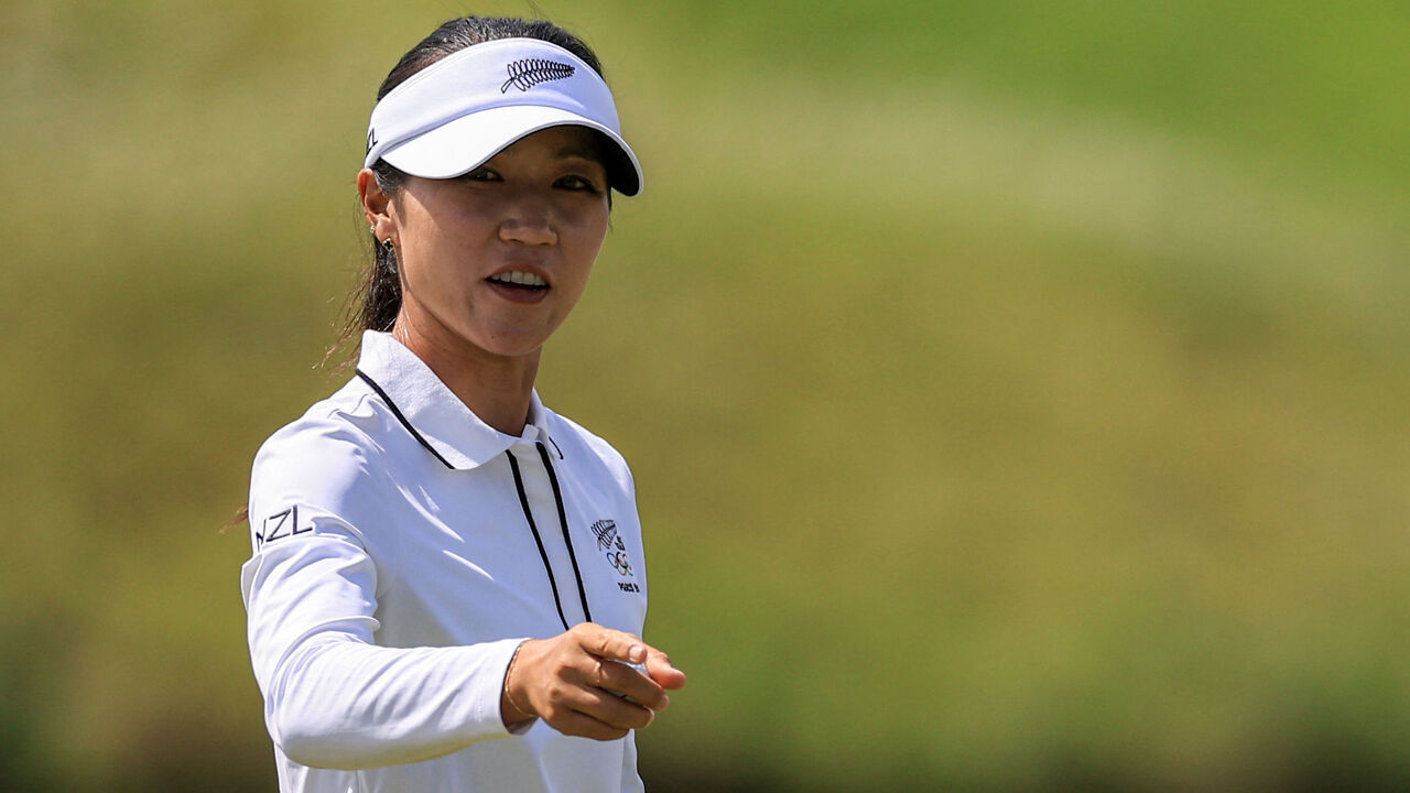 New Zealand's Lydia Ko reacts during round 3 of the women's golf individual stroke play of the Paris 2024 Olympic Games at Le Golf National in Guyancourt, south-west of Paris on August 9, 2024.