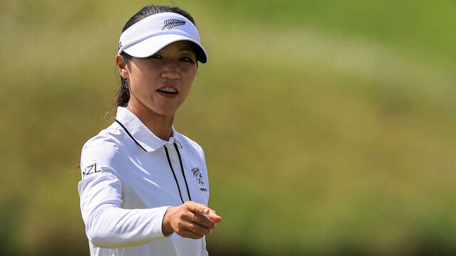 New Zealand's Lydia Ko reacts during round 3 of the women's golf individual stroke play of the Paris 2024 Olympic Games at Le Golf National in Guyancourt, south-west of Paris on August 9, 2024.