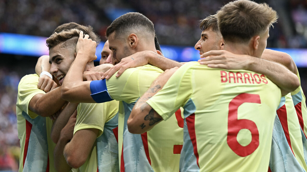 Spain's midfielder #11 Fermin Lopez celebrates scoring his team's second goal in the men's gold medal final football match between France and Spain during the Paris 2024 Olympic Games at the Parc des Princes in Paris on August 9, 2024.