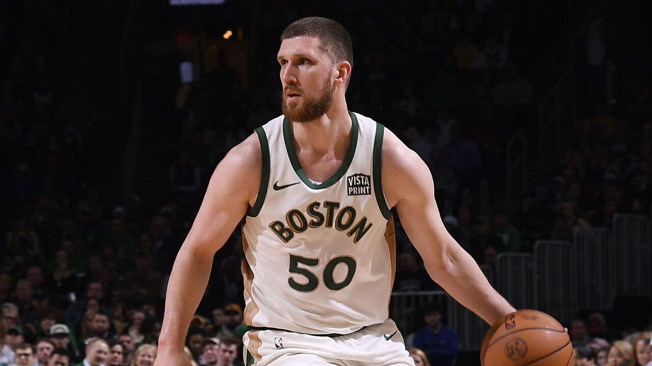 BOSTON, MA - APRIL 14: Svi Mykhailiuk #50 of the Boston Celtics dribbles the ball during the game against the Washington Wizards on April 14, 2024 at the TD Garden in Boston, Massachusetts. Mandatory Copyright Notice: Copyright 2024 NBAE