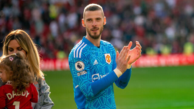 MANCHESTER, ENGLAND - MAY 28: David De Gea of Manchester United applauds the fans at the end of the Premier League match between Manchester United and Fulham FC at Old Trafford on May 28, 2023 in Manchester, United Kingdom.