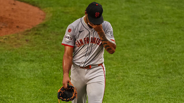 WASHINGTON, DC - AUGUST 08: Camilo Doval #75 of the San Francisco Giants reacts after pitching against the Washington Nationals during the ninth inning at Nationals Park on August 8, 2024 in Washington, DC.