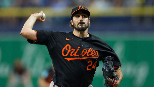 TAMPA, FL - AUGUST 09: Zach Eflin #24 of the Baltimore Orioles pitches during the game between the Baltimore Orioles and the Tampa Bay Rays at Tropicana Field on Friday, August 9, 2024 in Tampa, Florida.