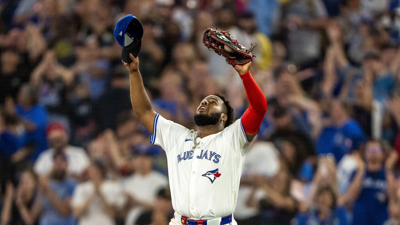 TORONTO, CANADA - AUGUST 9: Vladimir Guerrero Jr. #27 of the Toronto Blue Jays celebrates defeating the Oakland Athletics at Rogers Centre on August 9, 2024 in Toronto, Canada.