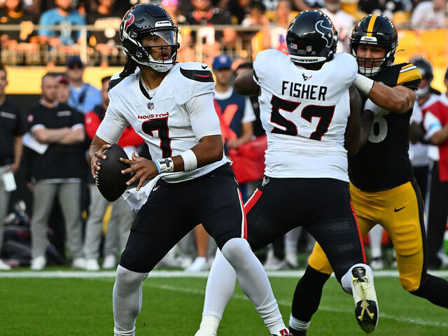 PITTSBURGH, PENNSYLVANIA - AUGUST 09: C.J. Stroud #7 of the Houston Texans drops back to pass in the first quarter during the preseason game against the Pittsburgh Steelers at Acrisure Stadium on August 9, 2024 in Pittsburgh, Pennsylvania.