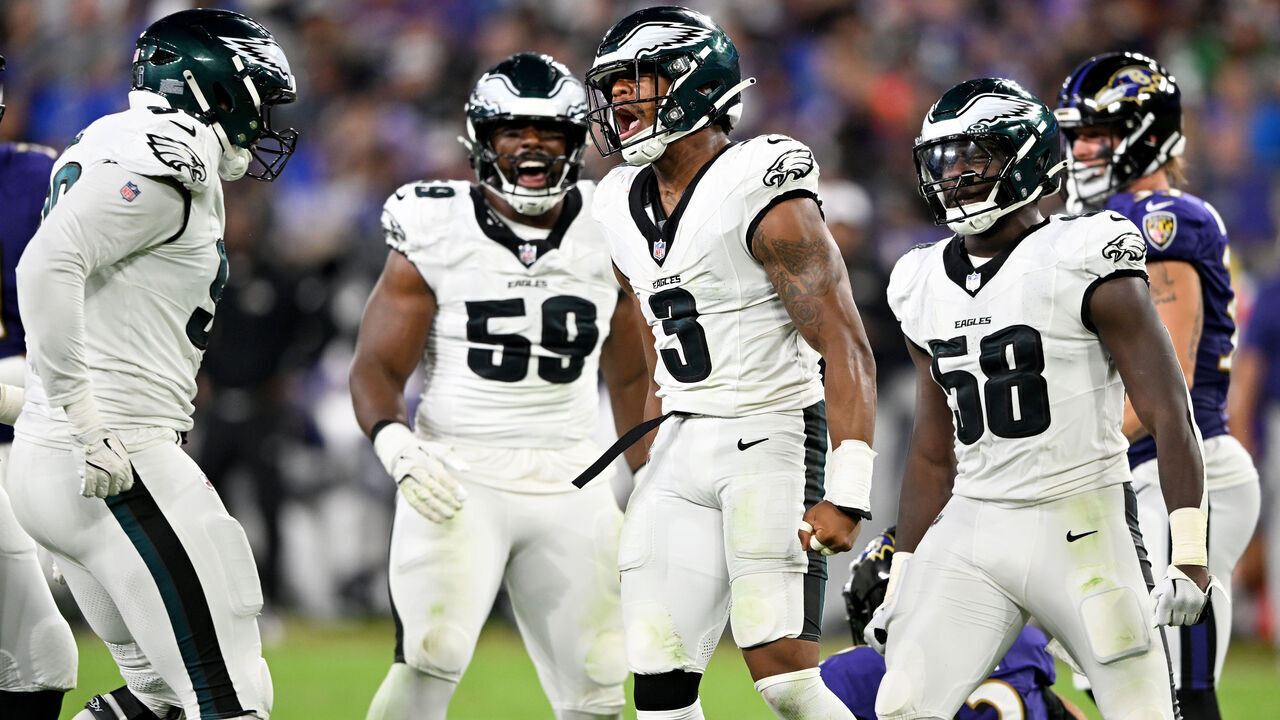 BALTIMORE, MARYLAND - AUGUST 09: Nolan Smith Jr. #3 of the Philadelphia Eagles celebrates with teammates after a sack against the Baltimore Ravens in the third quarter of a preseason game at M&T Bank Stadium on August 09, 2024 in Baltimore, Maryland.
