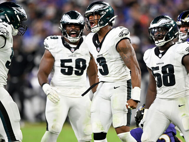BALTIMORE, MARYLAND - AUGUST 09: Nolan Smith Jr. #3 of the Philadelphia Eagles celebrates with teammates after a sack against the Baltimore Ravens in the third quarter of a preseason game at M&T Bank Stadium on August 09, 2024 in Baltimore, Maryland.