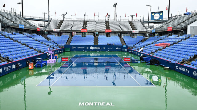 MONTREAL, CANADA - AUGUST 09: Play has been cancelled for the day due to heavy rain during Day Four of the ATP Masters 1000 National Bank Open at Stade IGA on August 9, 2024 in Montreal, Canada.