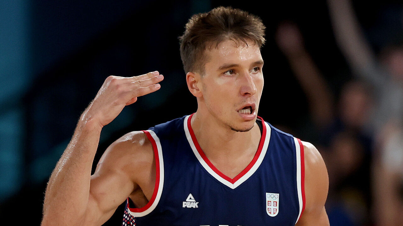 PARIS, FRANCE - AUGUST 10: Bogdan Bogdanovic #7 of Team Serbia celebrates after scoring during the Men's Bronze Medal Game between Team Germany and Team Serbia on day fifteen of the Olympic Games Paris 2024 at Bercy Arena on August 10, 2024 in Paris, France.