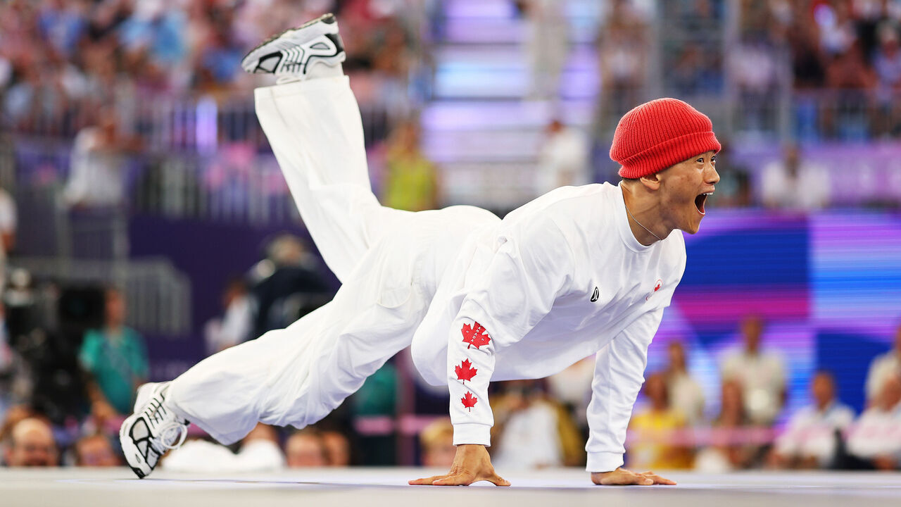 PARIS, FRANCE - AUGUST 10: B-Boy Phil Wizard of Team Canada competes with B-Boy Lee of Team Netherlands (not pictured) in the Breaking B-Boys Quarterfinal Four on day fifteen of the Olympic Games Paris 2024 at Place de la Concorde on August 10, 2024 in Paris, France.