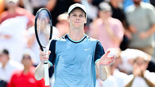 MONTREAL, CANADA - AUGUST 10: Jannik Sinner of Italy celebrates a 6-4, 6-3 victory against Alejandro Tabilo of Chile in the Men's Singles third round match during Day Five of the ATP Masters 1000 National Bank Open at Stade IGA on August 10, 2024 in Montreal, Canada.
