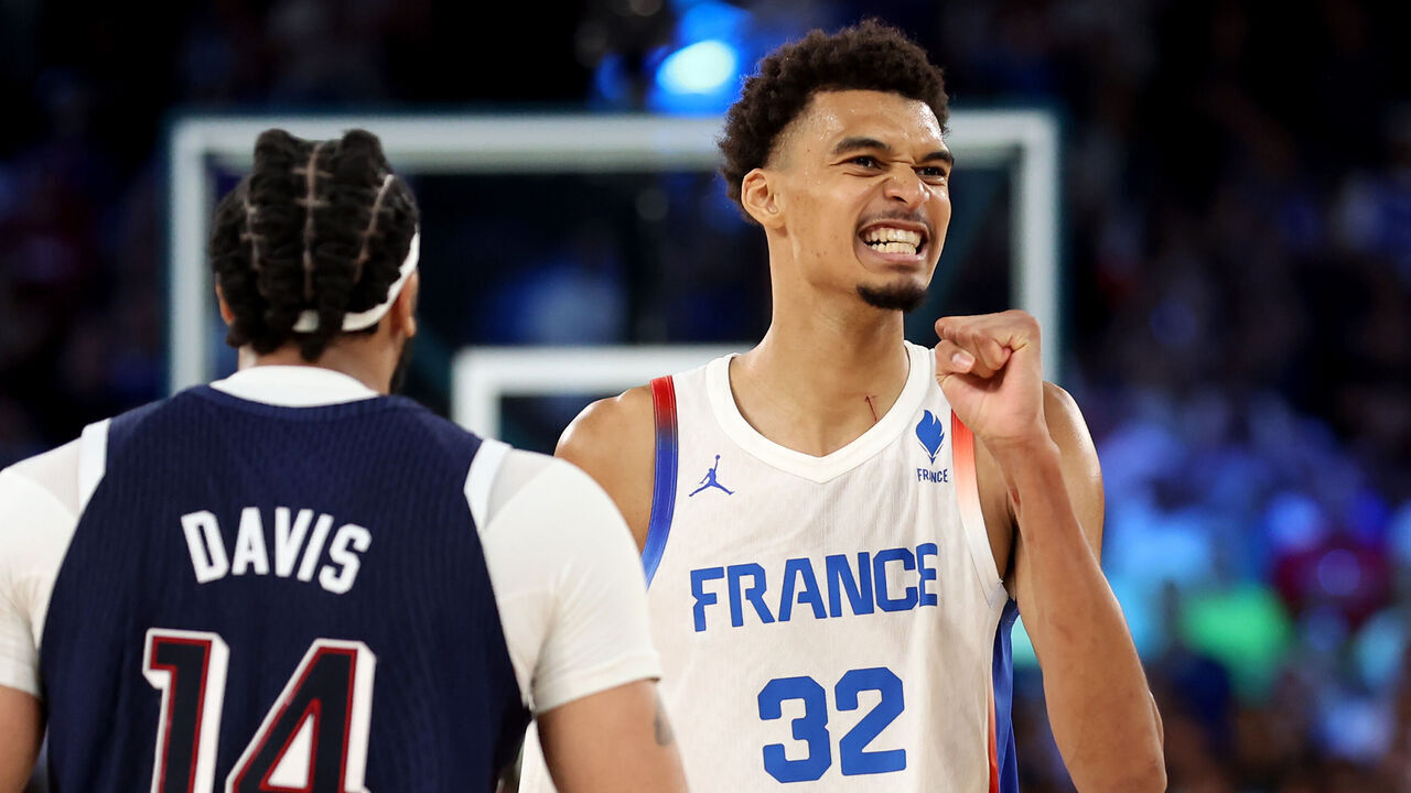 PARIS, FRANCE - AUGUST 10: Victor Wembanyama #32 of Team France reacts during the Men's Gold Medal game between Team France and Team United States on day fifteen of the Olympic Games Paris 2024 at Bercy Arena on August 10, 2024 in Paris, France.
