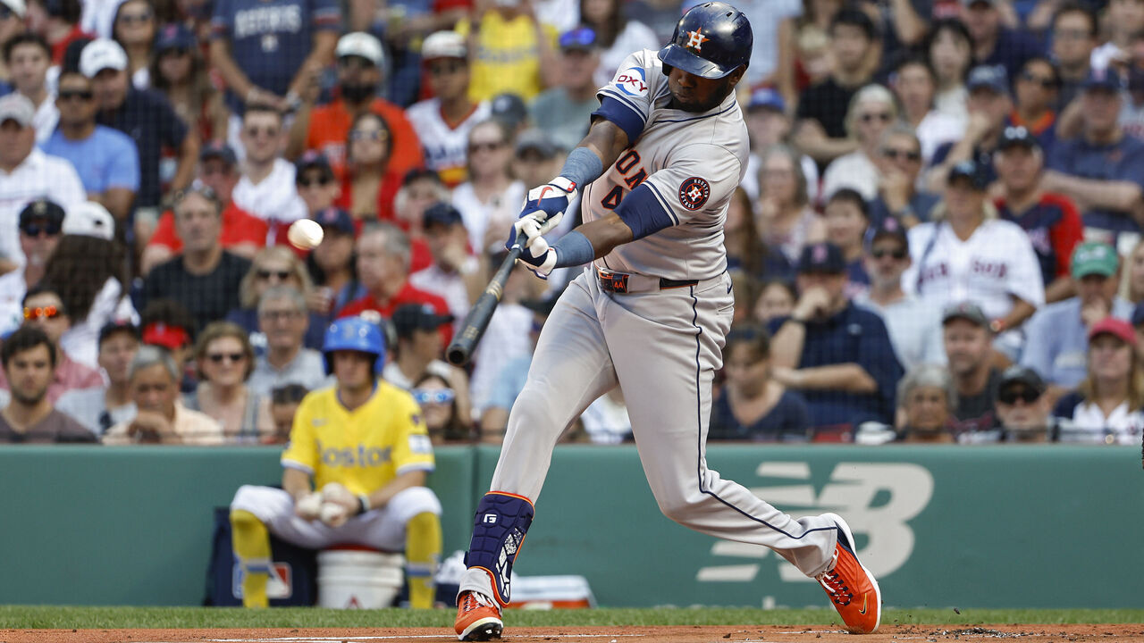 BOSTON, MA - AUGUST 10: Yordan Alvarez #44 of the Houston Astros connects on a home run against the Boston Red Sox during the first inning at Fenway Park on August 10, 2024 in Boston, Massachusetts.