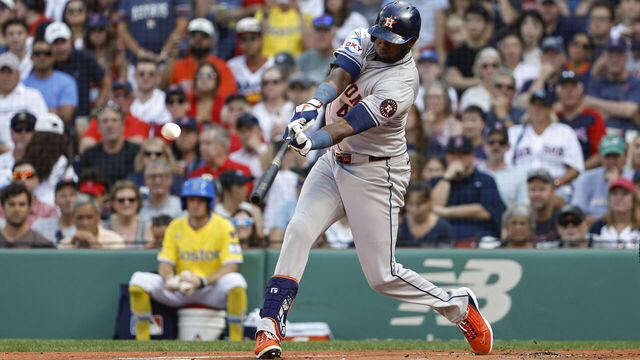 BOSTON, MA - AUGUST 10: Yordan Alvarez #44 of the Houston Astros connects on a home run against the Boston Red Sox during the first inning at Fenway Park on August 10, 2024 in Boston, Massachusetts.