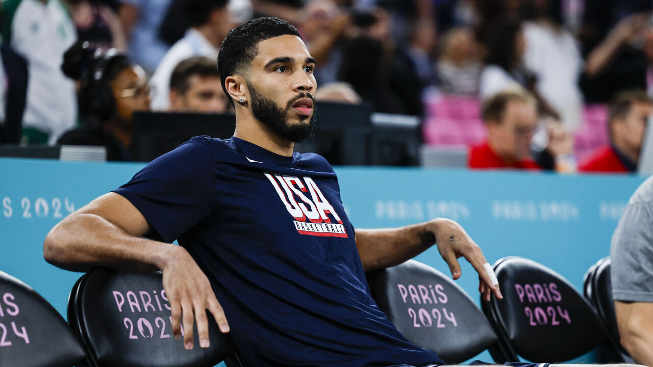 PARIS, FRANCE - AUGUST 10: Jayson Tatum of United States looks on during Men's Gold Medal Game of the Basketball between France and United States on Bercy Arena during the Paris 2024 Olympics Games on August 10, 2024 in Paris, France.