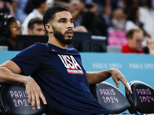 PARIS, FRANCE - AUGUST 10: Jayson Tatum of United States looks on during Men's Gold Medal Game of the Basketball between France and United States on Bercy Arena during the Paris 2024 Olympics Games on August 10, 2024 in Paris, France.
