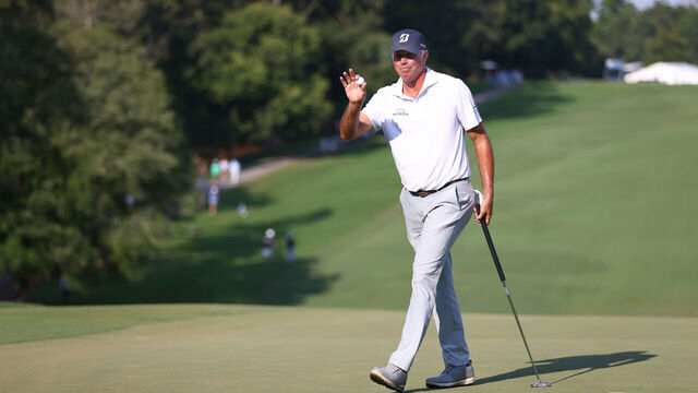 GREENSBORO, NORTH CAROLINA - AUGUST 10: Matt Kuchar of the United States reacts on the 18th green during the second round of the Wyndham Championship at Sedgefield Country Club on August 10, 2024 in Greensboro, North Carolina.