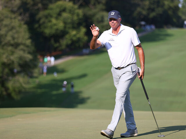 GREENSBORO, NORTH CAROLINA - AUGUST 10: Matt Kuchar of the United States reacts on the 18th green during the second round of the Wyndham Championship at Sedgefield Country Club on August 10, 2024 in Greensboro, North Carolina.