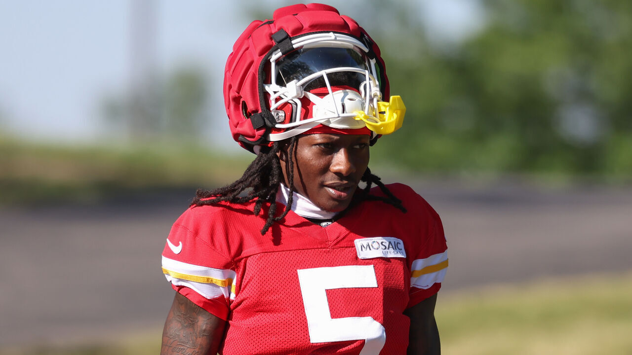 ST. JOSEPH, MO - AUGUST 02: Kansas City Chiefs wide receiver Marquise Brown (5) during training camp on August 2, 2024 at Missouri Western State University in St. Joseph, MO.