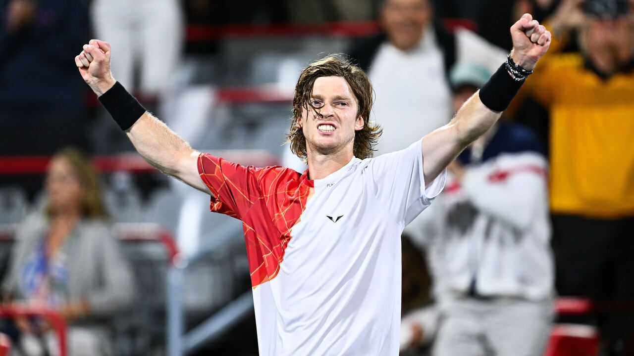 MONTREAL, CANADA - AUGUST 10: Andrey Rublev celebrates a 6-3, 1-6, 6-2 victory against Jannik Sinner of Italy in the Men's Singles quarterfinals round match during Day Five of the ATP Masters 1000 National Bank Open at Stade IGA on August 10, 2024 in Montreal, Canada.