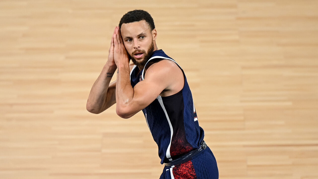 Stephen Curry of USA gestures, cheer during the Men's Basketball Gold Medal match between France and United States of America on Day 15 of the Olympic Games Paris 2024 at Bercy Arena on August 10, 2024 in Paris, France.
