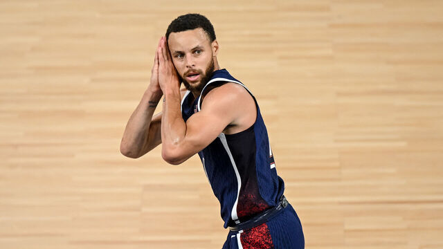 Stephen Curry of USA gestures, cheer during the Men's Basketball Gold Medal match between France and United States of America on Day 15 of the Olympic Games Paris 2024 at Bercy Arena on August 10, 2024 in Paris, France.