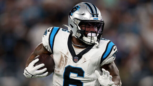 CHARLOTTE, NORTH CAROLINA - SEPTEMBER 18: Miles Sanders #6 of the Carolina Panthers runs with the ball against the New Orleans Saints during the second quarter in the game at Bank of America Stadium on September 18, 2023 in Charlotte, North Carolina.