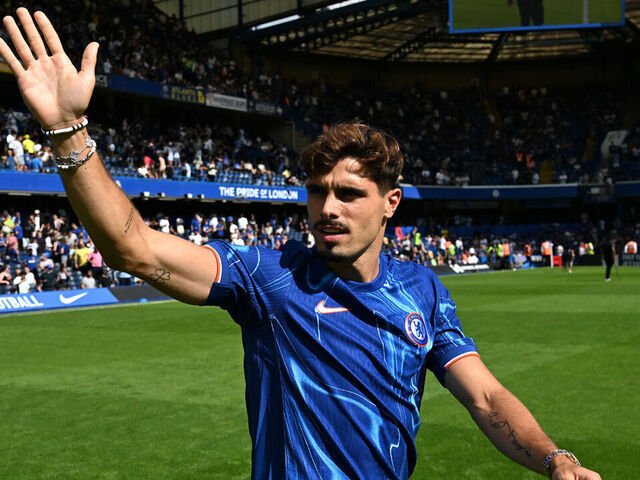 LONDON, ENGLAND - AUGUST 11: Pedro Neto of Chelsea salutes the crowd during the pre-season friendly match between Chelsea and FC Internazionale at Stamford Bridge on August 11, 2024 in London, England.