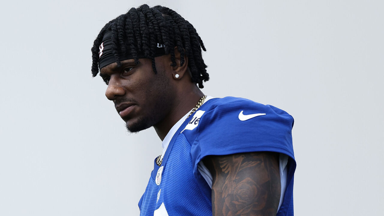 EAST RUTHERFORD, NEW JERSEY - MAY 30: Malik Nabers #9 of the New York Giants looks on during OTA Offseason Workouts at NY Giants Quest Diagnostics Training Center on May 30, 2024 in East Rutherford, New Jersey.