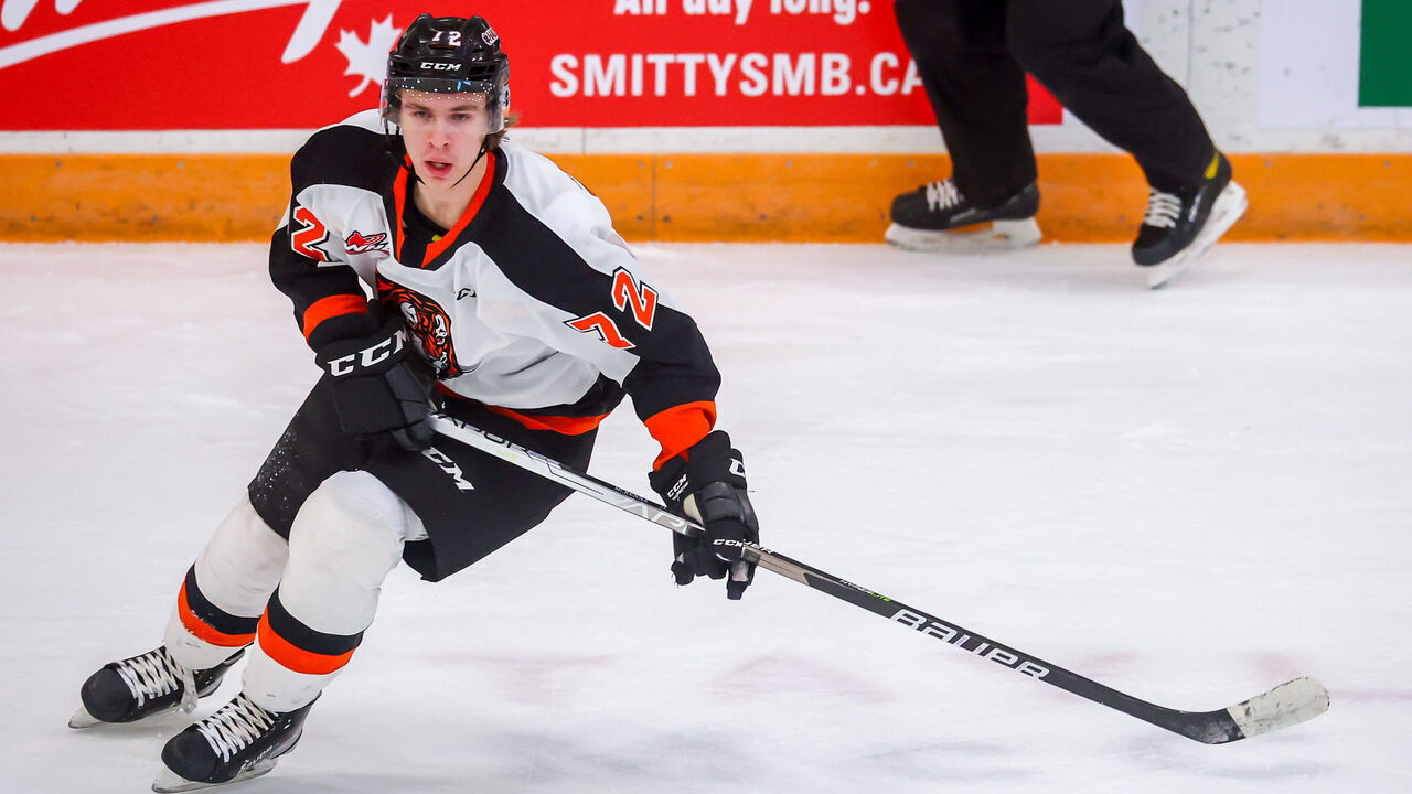 WINNIPEG, CANADA - APRIL 01: Gavin McKenna #72 of the Medicine Hat Tigers skates during third period action against the Winnipeg ICE in Game Two of the First Round of the 2023 WHL Playoffs at Wayne Fleming Arena on April 01, 2023 in Winnipeg, Manitoba, Canada.