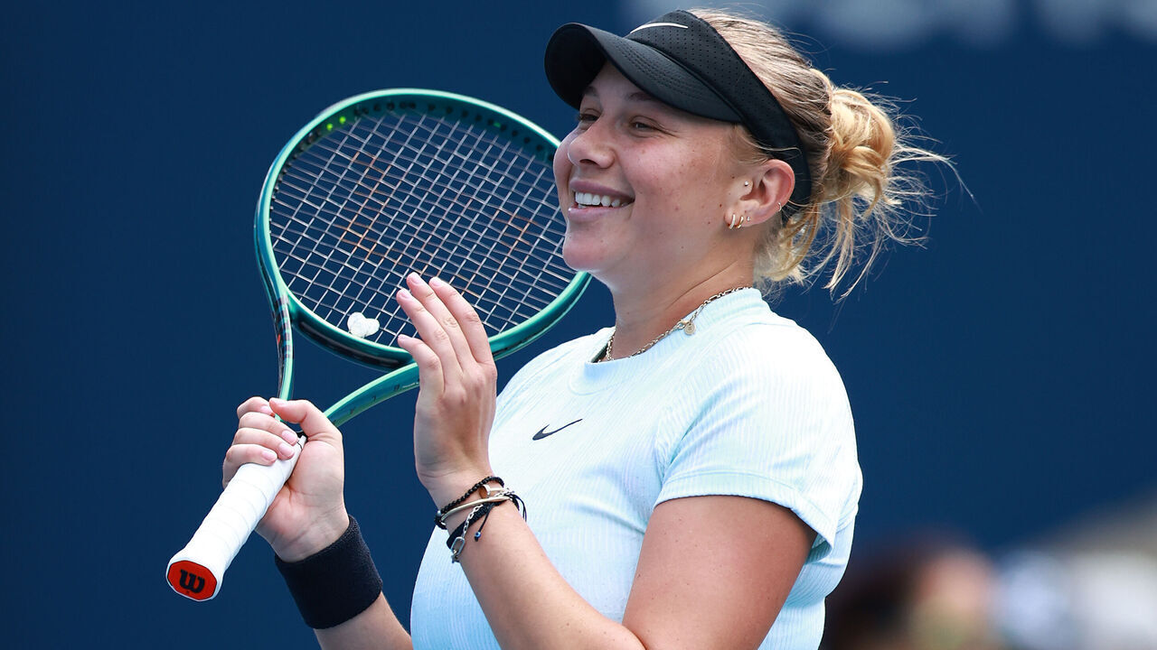 TORONTO, ON - AUGUST 11: Amanda Anisimova of the United States celebrates her victory over Emma Navarro of the United States during Day 6 of the National Bank Open, part of the Hologic WTA Tour at Sobeys Stadium on August 11, 2024 in Toronto, Ontario, Canada.
