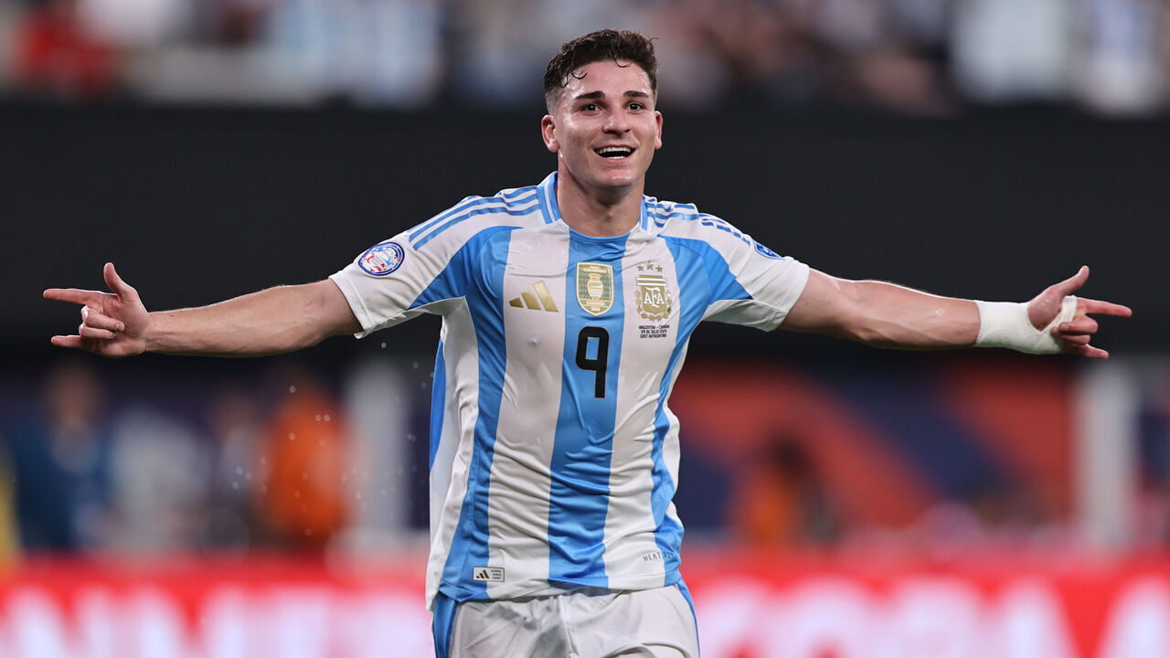 EAST RUTHERFORD, NEW JERSEY - JULY 09: Julian Alvarez of Argentina celebrates after scoring the team's first goal during the CONMEBOL Copa America 2024 semifinal match between Canada and Argentina at MetLife Stadium on July 09, 2024 in East Rutherford, New Jersey.