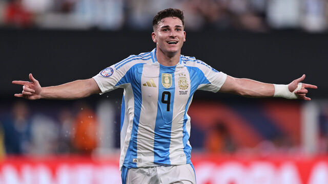 EAST RUTHERFORD, NEW JERSEY - JULY 09: Julian Alvarez of Argentina celebrates after scoring the team's first goal during the CONMEBOL Copa America 2024 semifinal match between Canada and Argentina at MetLife Stadium on July 09, 2024 in East Rutherford, New Jersey.