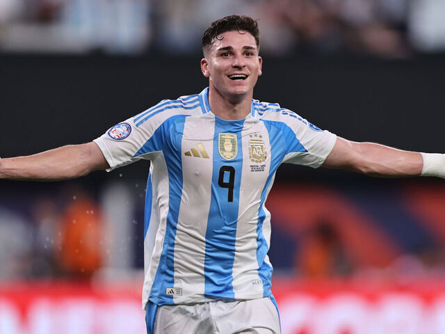 EAST RUTHERFORD, NEW JERSEY - JULY 09: Julian Alvarez of Argentina celebrates after scoring the team's first goal during the CONMEBOL Copa America 2024 semifinal match between Canada and Argentina at MetLife Stadium on July 09, 2024 in East Rutherford, New Jersey.