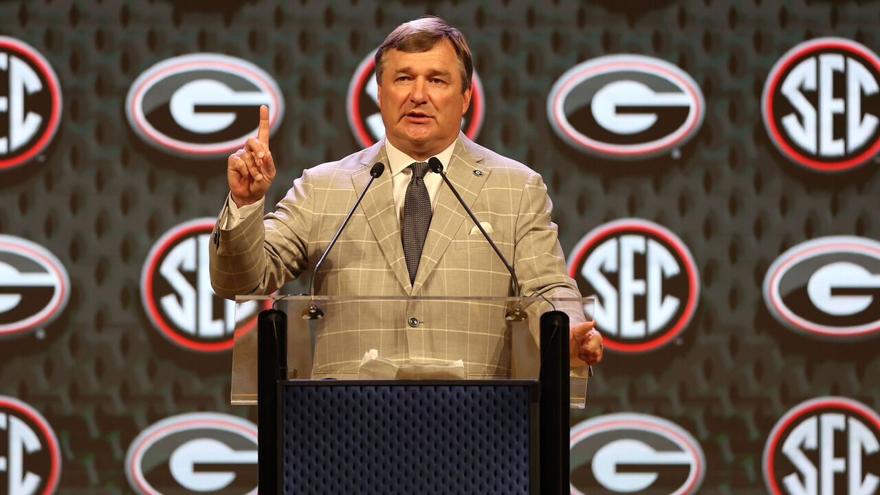 DALLAS, TEXAS - JULY 16: Head Coach Kirby Smart of the Georgia Bulldogs speaks during SEC Football Media Days at Omni Dallas Hotel on July 16, 2024 in Dallas, Texas.