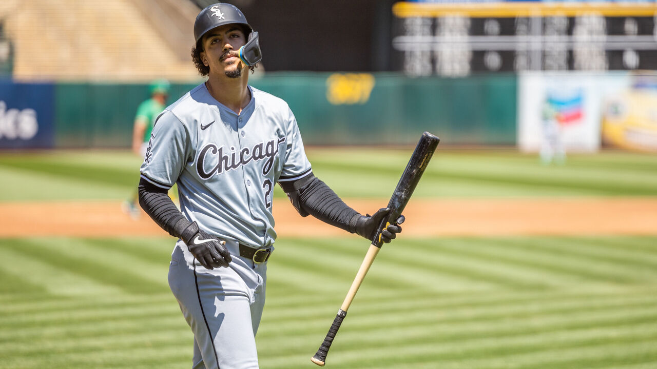 OAKLAND, CA - AUGUST 07: Chicago White Sox outfielder Miguel Vargas (20) is upset after a called third strike during the professional MLB baseball game between the Chicago White Sox and the Oakland Athletics on August 7, 2024 at the Oakland-Alameda County Coliseum in Oakland, CA.