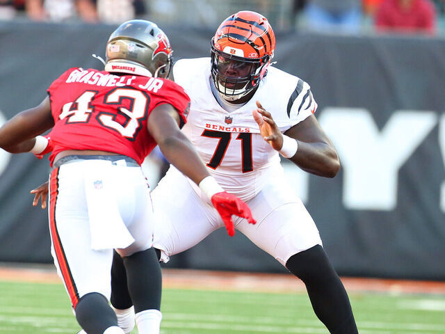 CINCINNATI, OH - AUGUST 10 - Cincinnati Bengals offensive tackle Amarius Mims (71) in a game between the Tampa Bay Buccaneers and the Cincinnati Bengals at Paycor Stadium on Saturday, August 10, 2024.