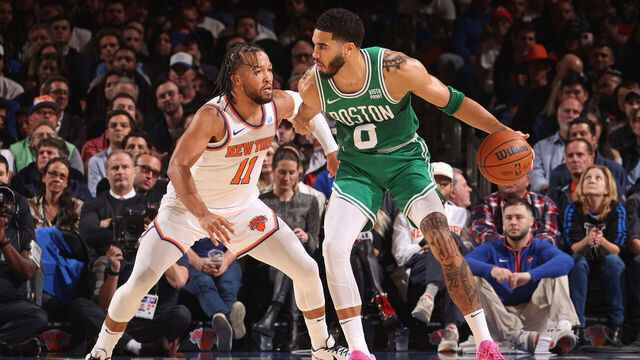 NEW YORK, NY - OCTOBER 25: Jayson Tatum #0 of the Boston Celtics handles the ball during the game against the New York Knicks on October 25, 2023 at Madison Square Garden in New York City, New York. Mandatory Copyright Notice: Copyright 2023 NBAE