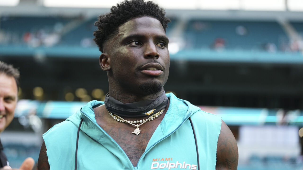 MIAMI GARDENS, FLORIDA - AUGUST 09: Tyreek Hill #10 of the Miami Dolphins looks on prior to a preseason game against the Atlanta Falcons at Hard Rock Stadium on August 09, 2024 in Miami Gardens, Florida.