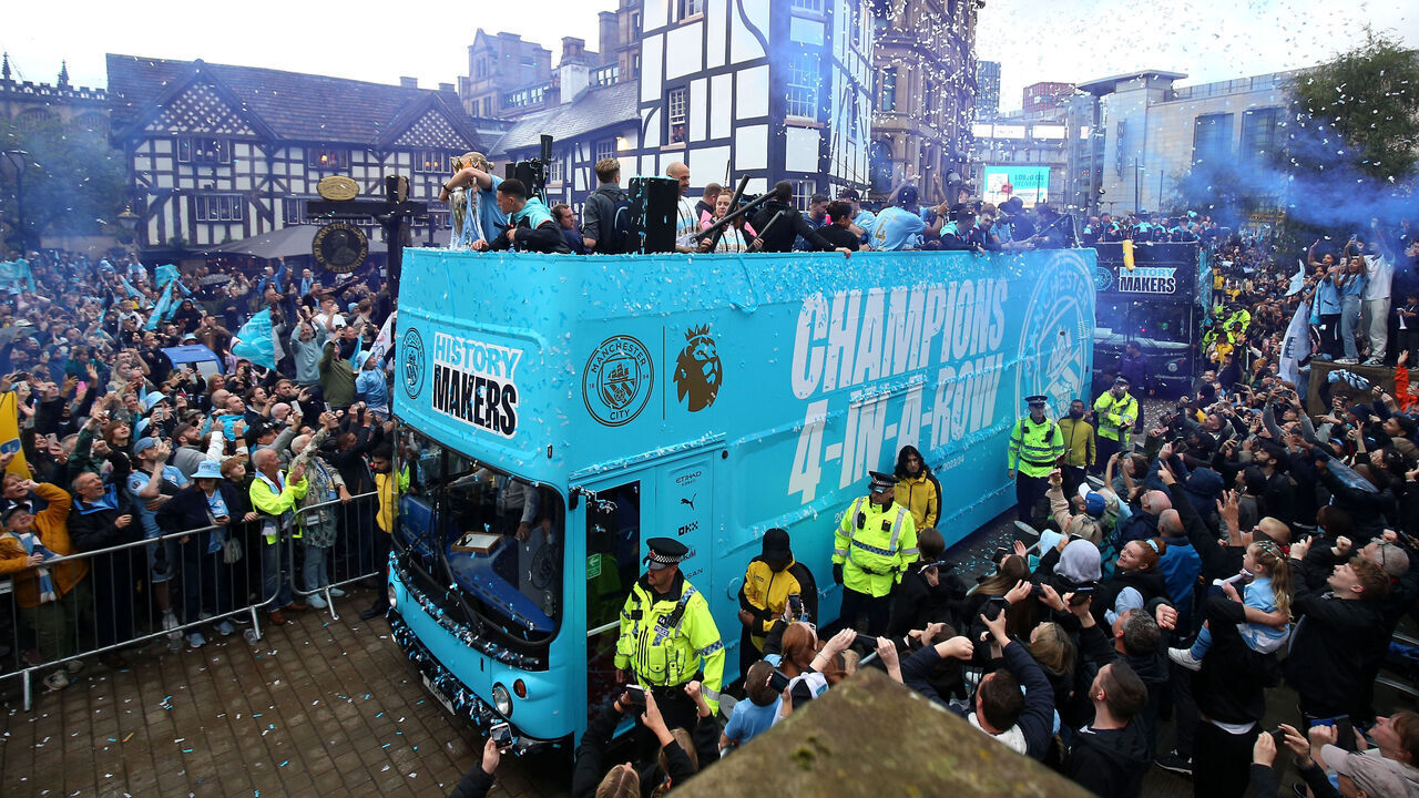 A general view of the Manchester City first team during a trophy parade in Manchester, after they won their fourth successive Premier League title and their sixth in seven years. Picture date: Sunday May 26, 2024.