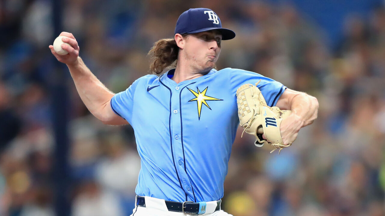 ST. PETERSBURG, FL - JULY 14: Tampa Bay Rays Pitcher Ryan Pepiot (44) delivers a pitch to the plate during the regular season game between the Cleveland Guardians and the Tampa Bay Rays on July 14, 2024, at Tropicana Field in St. Petersburg, FL.