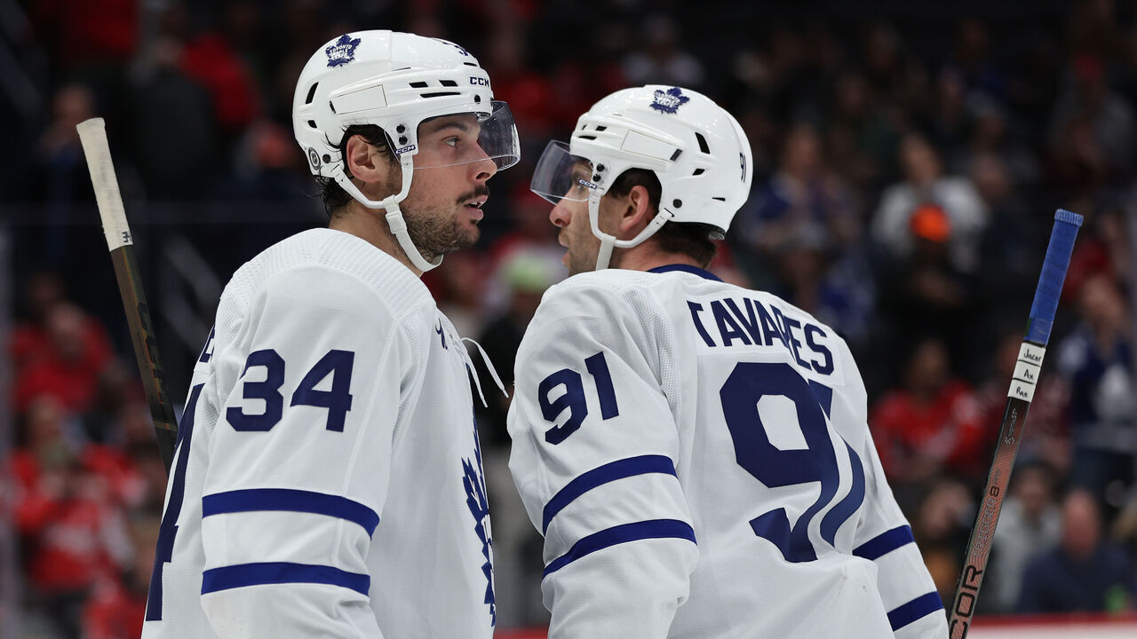 WASHINGTON, DC - MARCH 20: Auston Matthews #34 of the Toronto Maple Leafs and John Tavares #91 of the Toronto Maple Leafs skate against the Washington Capitals during the third period at Capital One Arena on March 20, 2024 in Washington, DC.