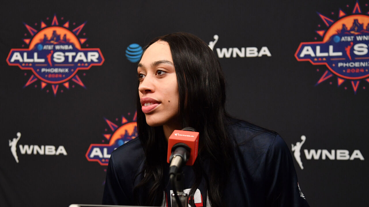 PHOENIX, AZ - JULY 19: Dearica Hamby #5 of the USA Women's 3x3 team talks to the media on July 19, 2024 at Footprint Center in Phoenix, Arizona. NOTE TO USER: User expressly acknowledges and agrees that, by downloading and/or using this Photograph, user is consenting to the terms and conditions of the Getty Images License Agreement. Mandatory Copyright Notice: Copyright 2024 NBAE