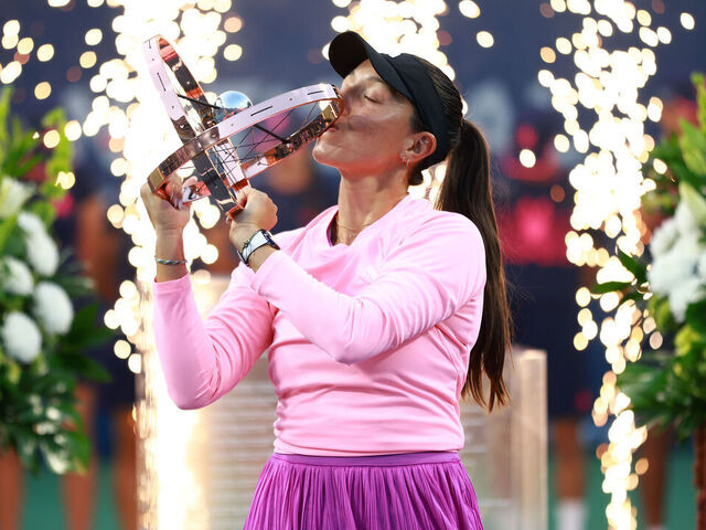 TORONTO, ON - AUGUST 12: Jessica Pegula of the United States celebrates victory over Amanda Anisimova of the United States in the women's singles final on the final day of the National Bank Open, part of the Hologic WTA Tour at Sobeys Stadium on August 12, 2024 in Toronto, Ontario, Canada.