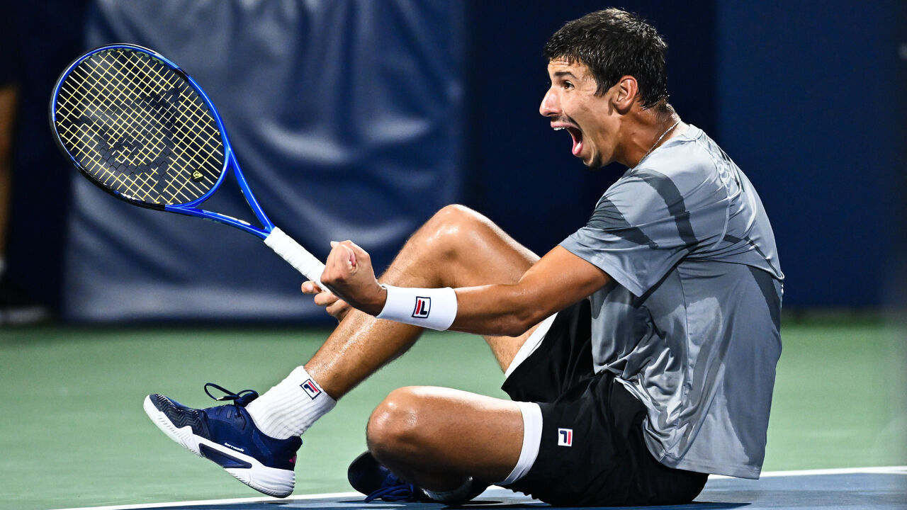 MONTREAL, CANADA - AUGUST 12: Alexei Popyrin of Australia reacts after defeating Andrey Rublev during the Men's Singles Final match against Alexei Popyrin of Australia on day seven of the ATP Masters 1000 National Bank Open at Stade IGA on August 12, 2024 in Montreal, Canada.