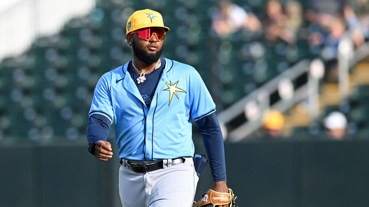 FORT MYERS, FLORIDA - MARCH 16, 2024: Junior Caminero #13 of the Tampa Bay Rays looks on during the fourth inning of a spring training Spring Breakout game against the Minnesota Twins at Hammond Stadium on March 16, 2024 in Fort Myers, Florida.