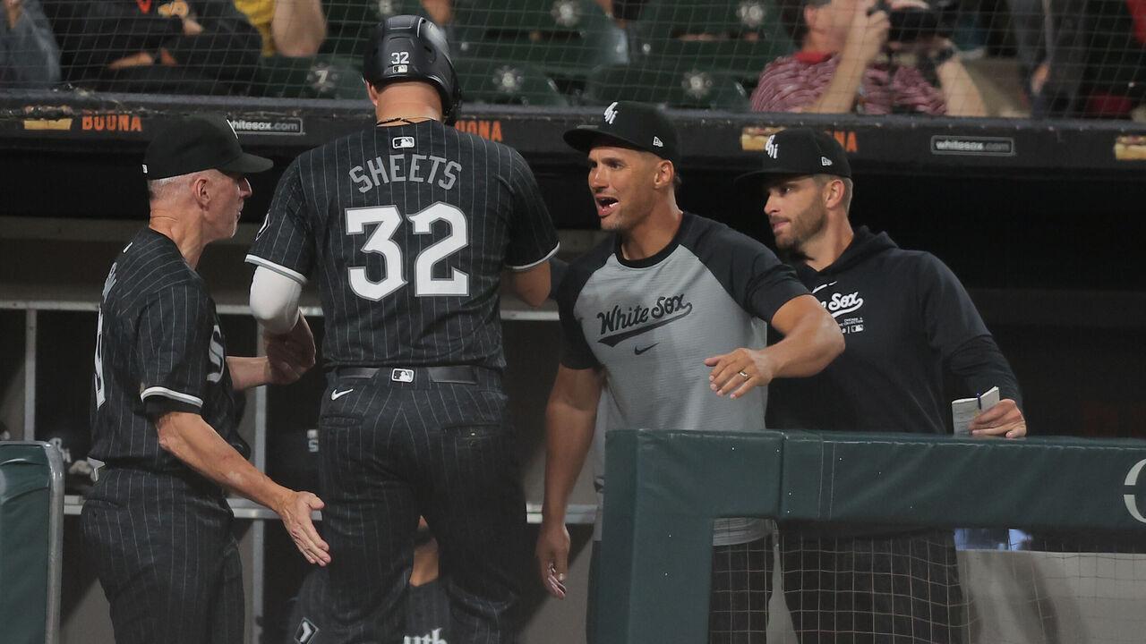CHICAGO, IL - AUGUST 12: Grady Sizemore #24 of the Chicago White Sox greets Gavin Sheets #32 of the Chicago White Sox after he scores during the seventh inning of a baseball game against the New York Yankees on August 12, 2024 at Guaranteed Rate Field in Chicago,Illinois.