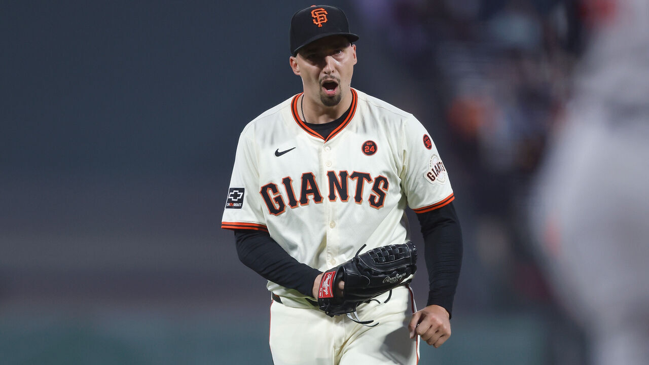 SAN FRANCISCO, CALIFORNIA - AUGUST 12: Blake Snell #7 of the San Francisco Giants reacts after striking out Austin Riley #27 of the Atlanta Braves in the top of the sixth inning at Oracle Park on August 12, 2024 in San Francisco, California.